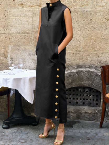Sleeveless Buttoned Color Split-side Stand Collar Maxi Dresses Shirt Dress