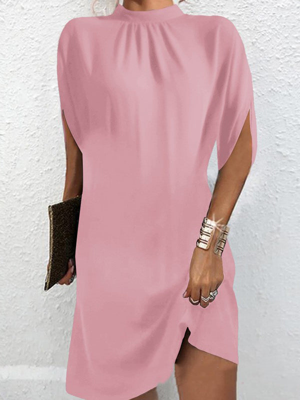 Loose Raglan Sleeve Color Mock Neck Mini Dresses