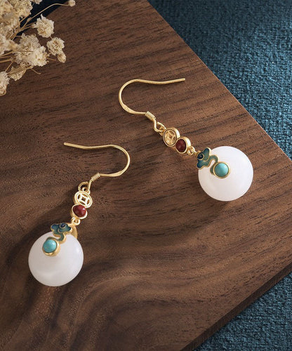 White Sterling Silver Overgild Inlaid Jade Xiang Yun Drop Earrings
