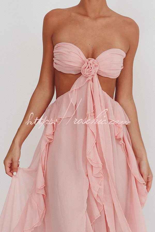 Vacation Halter Rose Detail Cut Out Ruffles Backless Maxi Dress