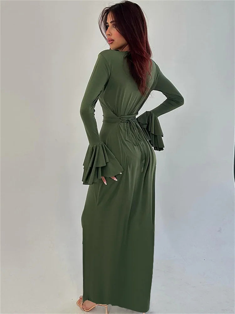 Ruffled Lace-up Long Dress Female Slim Long Sleeve High Waist Party Dress Autumn Maxi Dress