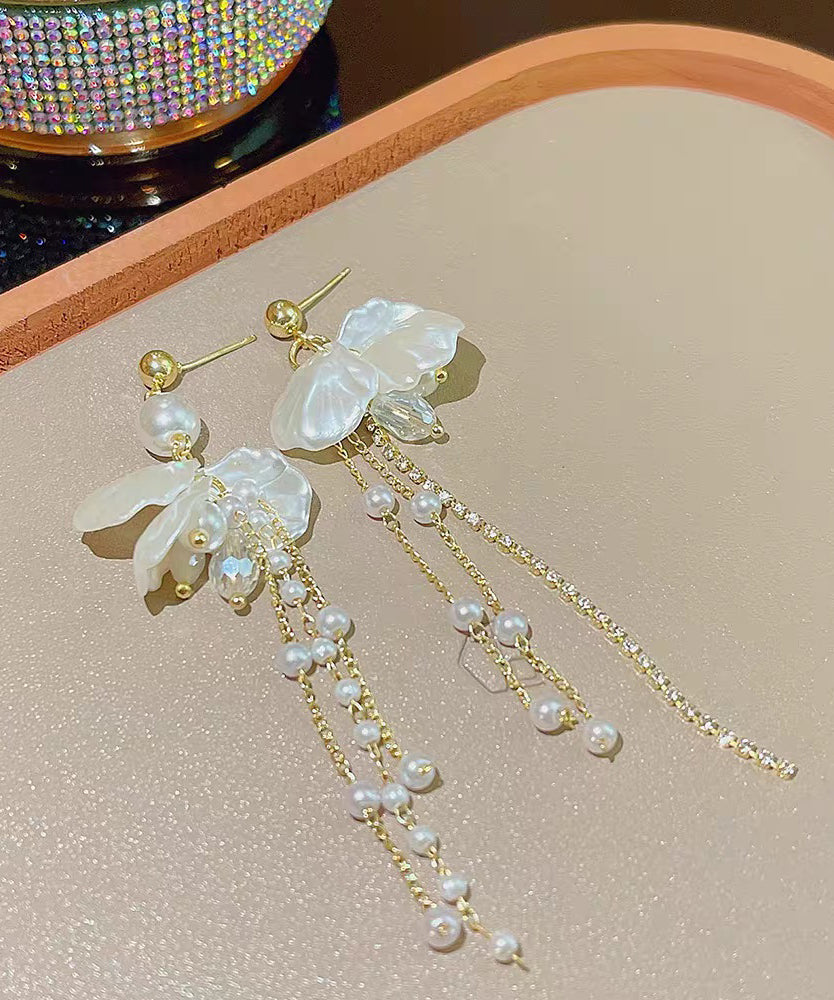 Gold Acrylic Alloy Pearl Petal Tassel Drop Earrings