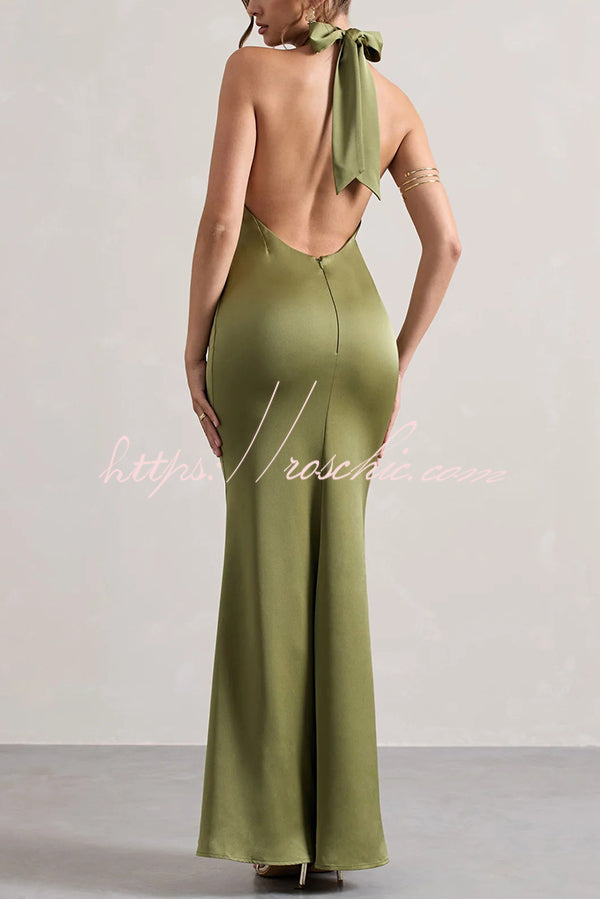 Color Halter Neck Tie Backless Slim Maxi Dress