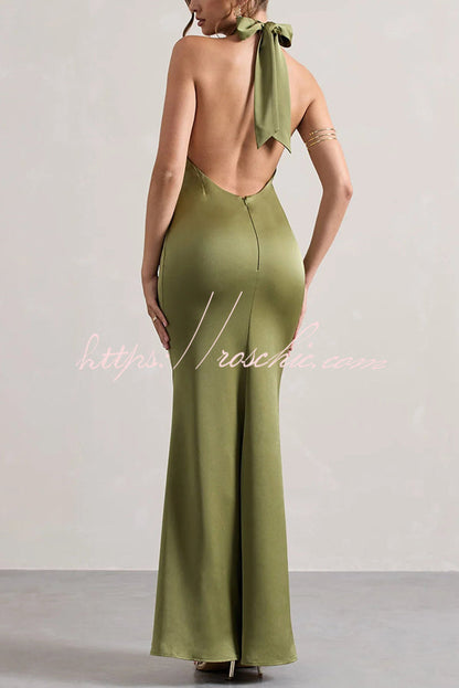 Color Halter Neck Tie Backless Slim Maxi Dress