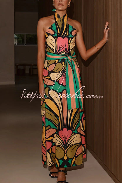 Unique Print Halter Neck Tie Backless Holiday Maxi Dress