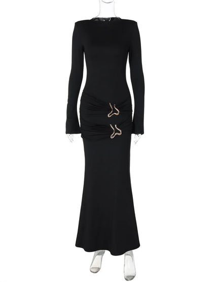 Autumn Black Maxi Dress for Pleated Slim High Waist Long Sleeve Party Dress Y2k Dress
