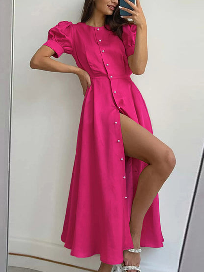 Puff Sleeves Short Sleeves Buttoned Color Round-neck Midi Dresses Shirt Dress