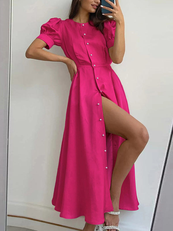 Puff Sleeves Short Sleeves Buttoned Color Round-neck Midi Dresses Shirt Dress