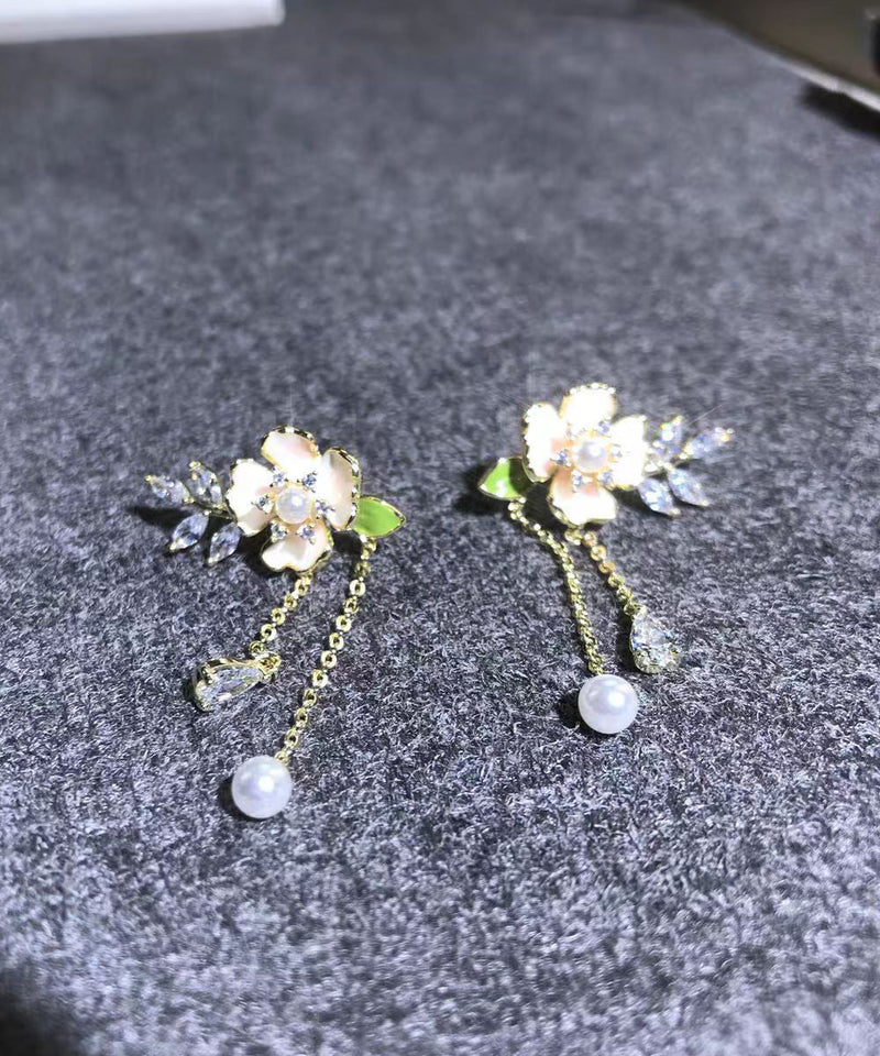 Gold Alloy Zircon Pearl Dripping Glaze Tassel Drop Earrings