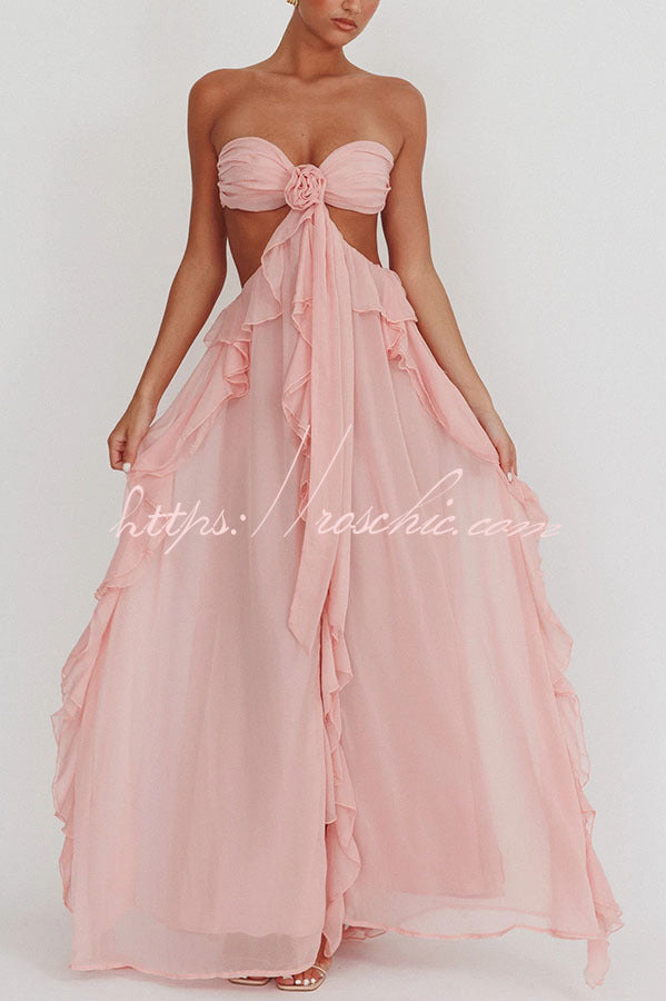 Vacation Halter Rose Detail Cut Out Ruffles Backless Maxi Dress