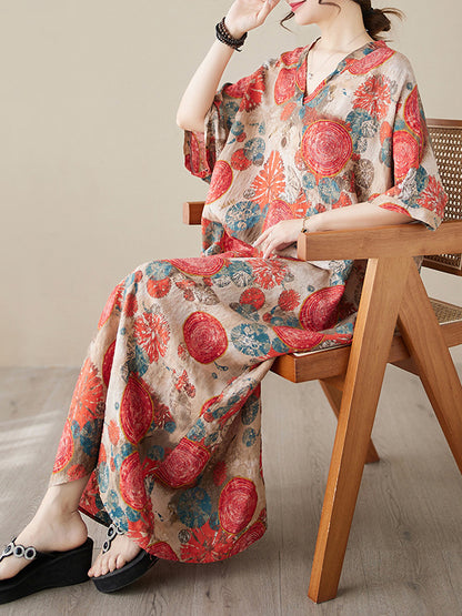 Loose Short Sleeves Printed V-neck Maxi Dresses