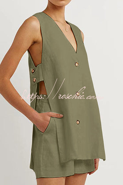 Edna Linen Blend Slit Button Down Loose Vest and Elastic Waist Pocket Shorts Set