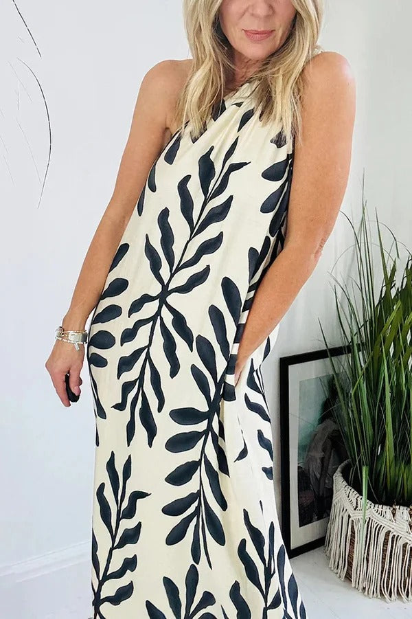 Unique Printed One Shoulder Pocketed Loose Maxi Dress