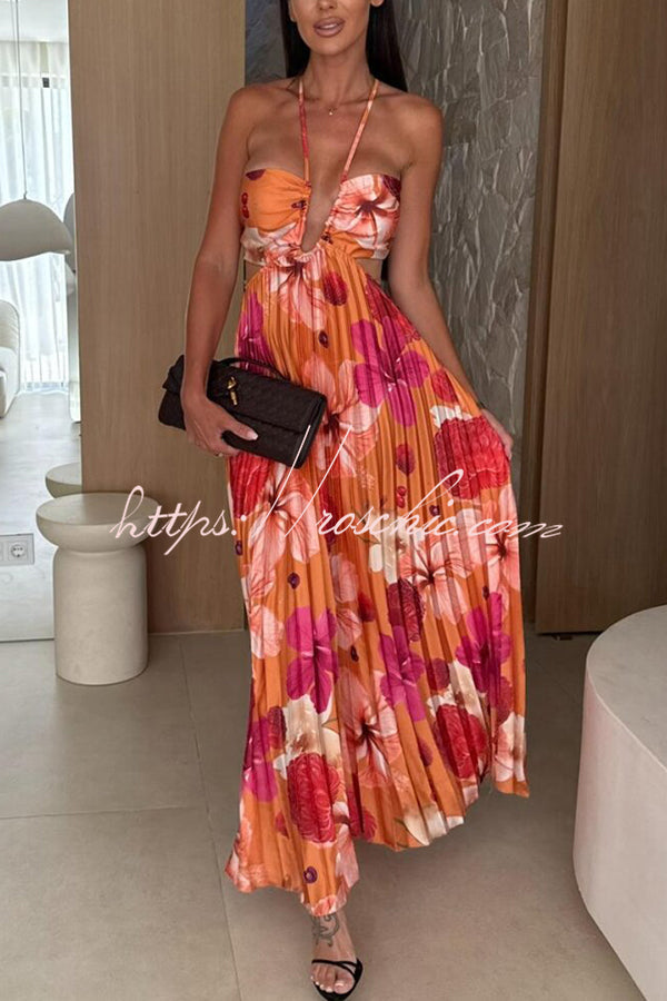 Casey Satin Print Cutout Halter Back Tie-up Pleated Maxi Dress