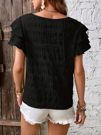 All-season Crew Neck Blouse With Timeless Ruffle