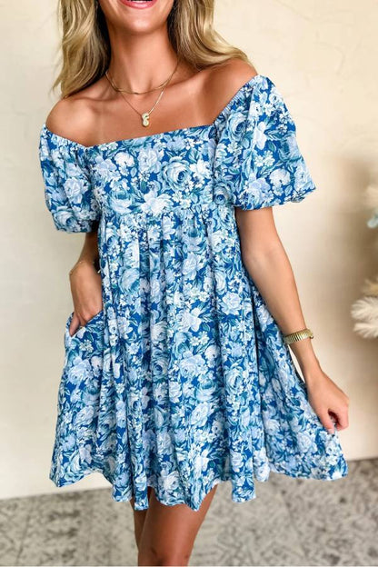 Blue Puff Sleeve Babydoll Mini Dress