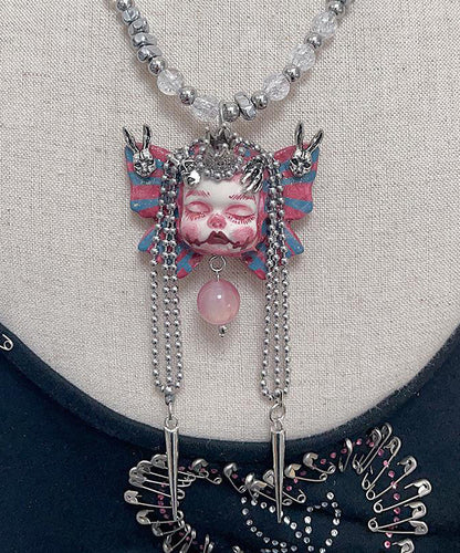 Colorblock Sterling Silver Butterfly Cartoon Tassel Pendant Necklace