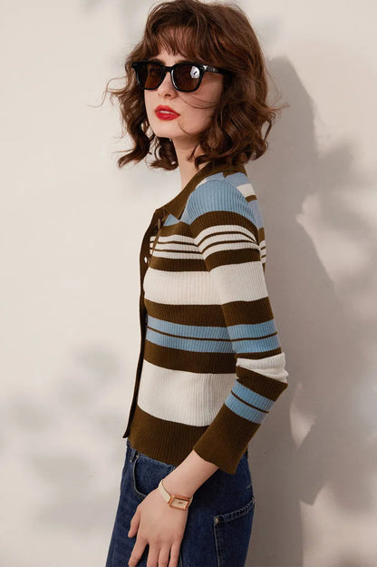Striped Knit Turn-down Collar Cardigan