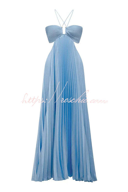 Caught Your Eye Satin Pleated Cross Straps Cutout Flowing Maxi Dress