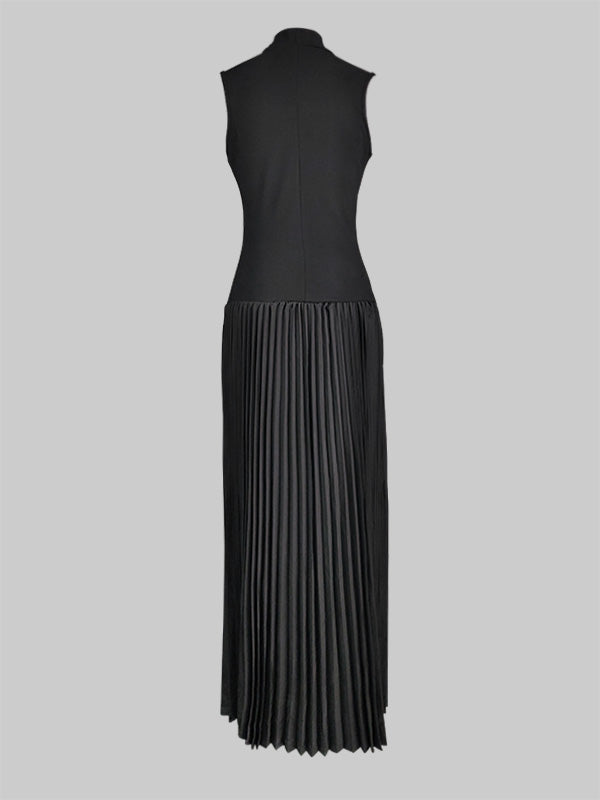 Bodycon Sleeveless Hollow Pleated Color Split-joint Mock Neck Maxi Dresses