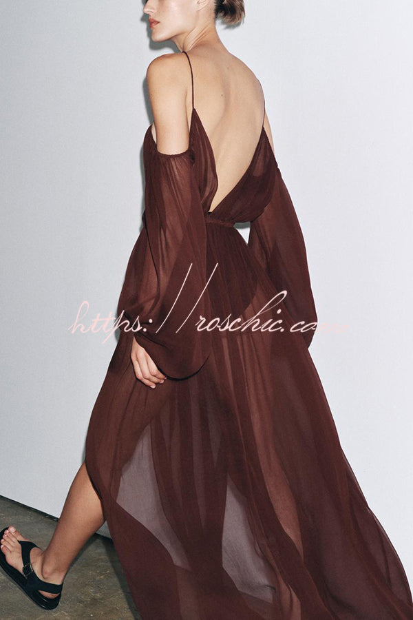 Marsie Semi-sheer Fabric Cutout Off Sholder Elastic Waist Slit Maxi Dress