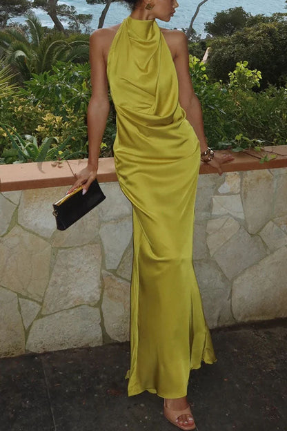 And Refined Satin Halter Draped Neck Backless Maxi Dress