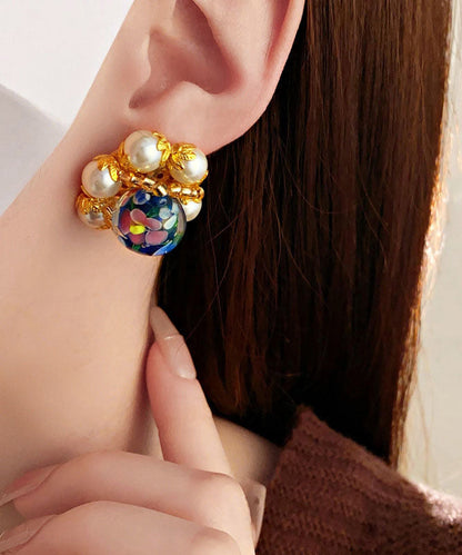 Vogue Gold Copper Overgild Coloured Glaze Pearl Stud Earrings