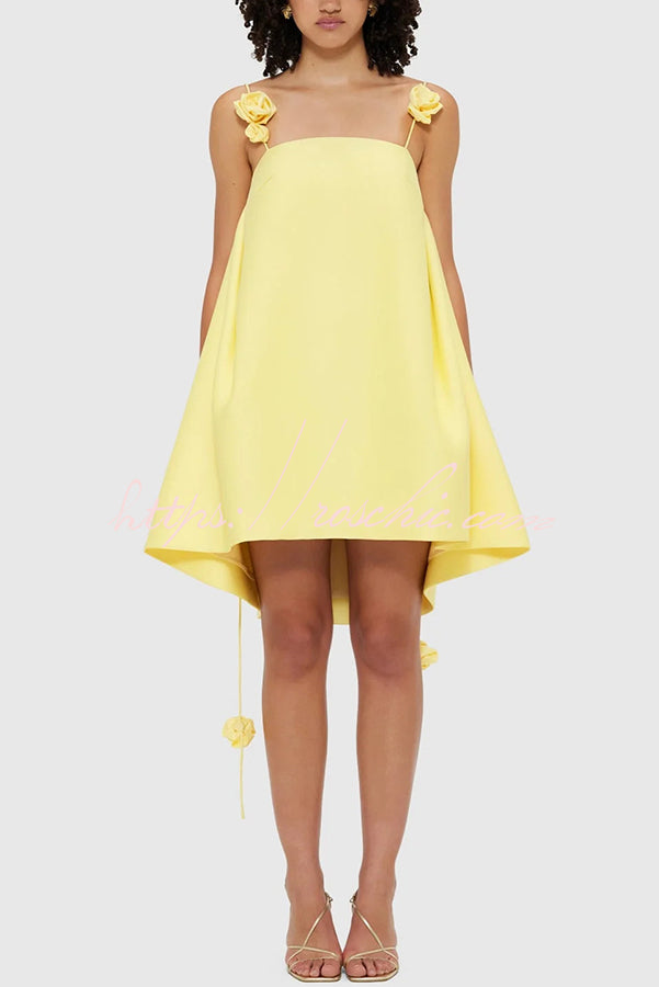 Playful and Flattering Silhouette 3d Rose Drape Straps A-line Mini Dress