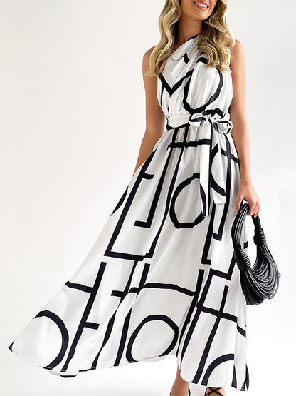 Loose Sleeveless Bandage Contrast Color Hollow Printed One-shoulder Midi Dresses