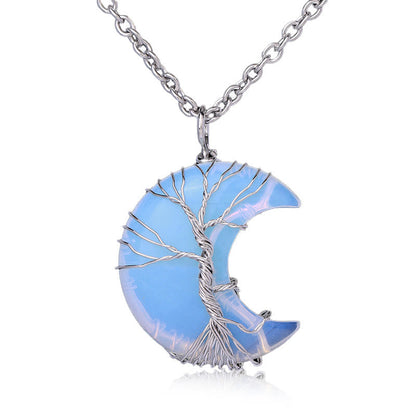 Buddha Stones Natural Quartz Crystal Moon Tree of Life Healing Energy Necklace Pendant