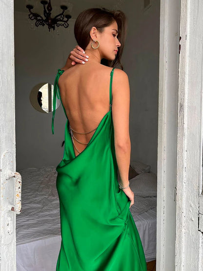 ��s High Silt Spaghetti Strap Chain Long Dress V Neck Sleeveless Lace Up Backless Loose Evening Club Party Dress