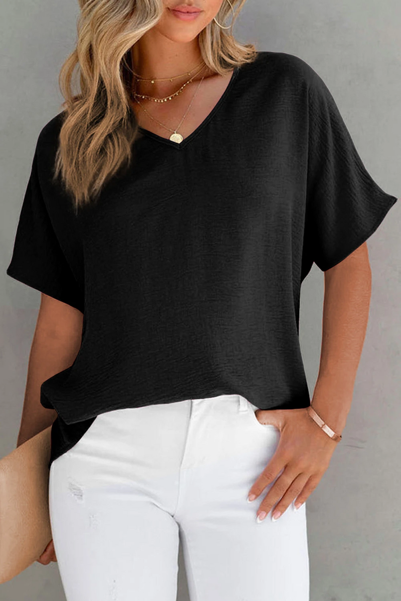 Color V Neck Short Sleeve Blouse