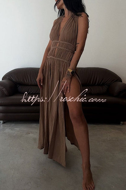 With Elegance Linen Blend Braids Belt Cutout Slit Kaftan Maxi Dress