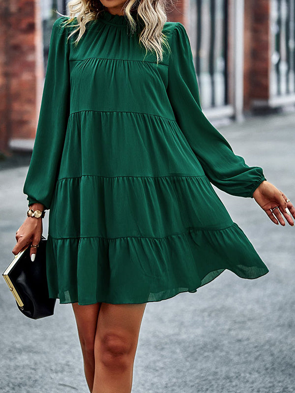 A-line Bishop Sleeve Elasticity Pleated Color Split-joint Tied Mock Neck Mini Dresses
