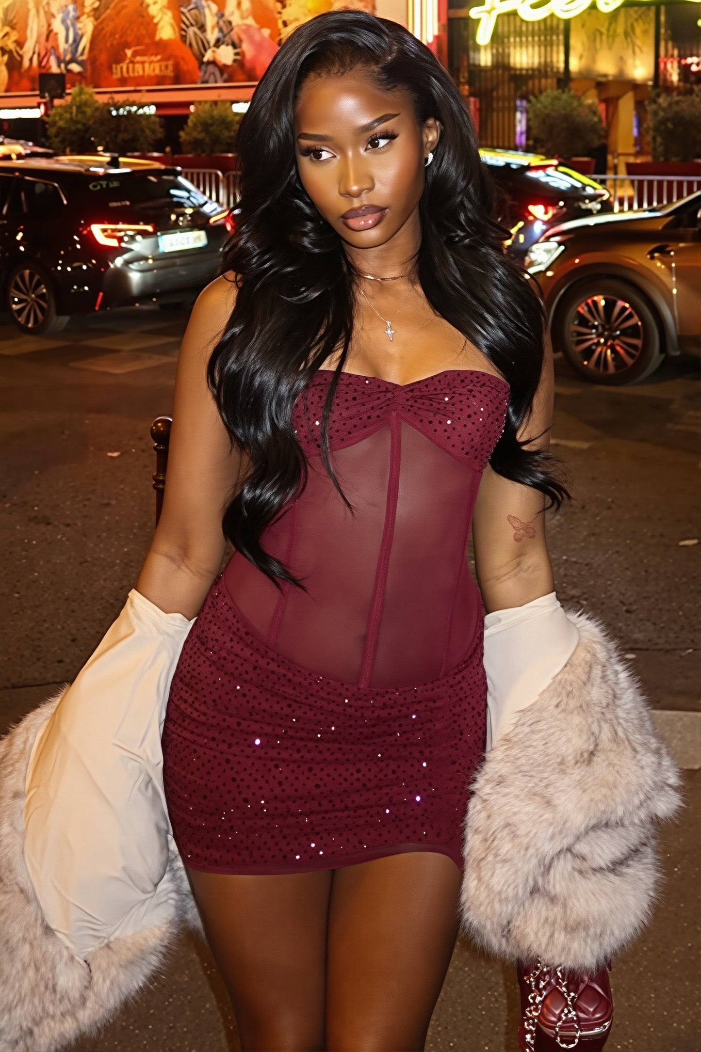 Rhinestone Lace Up Mesh Cut Out Bodycon Mini Dress