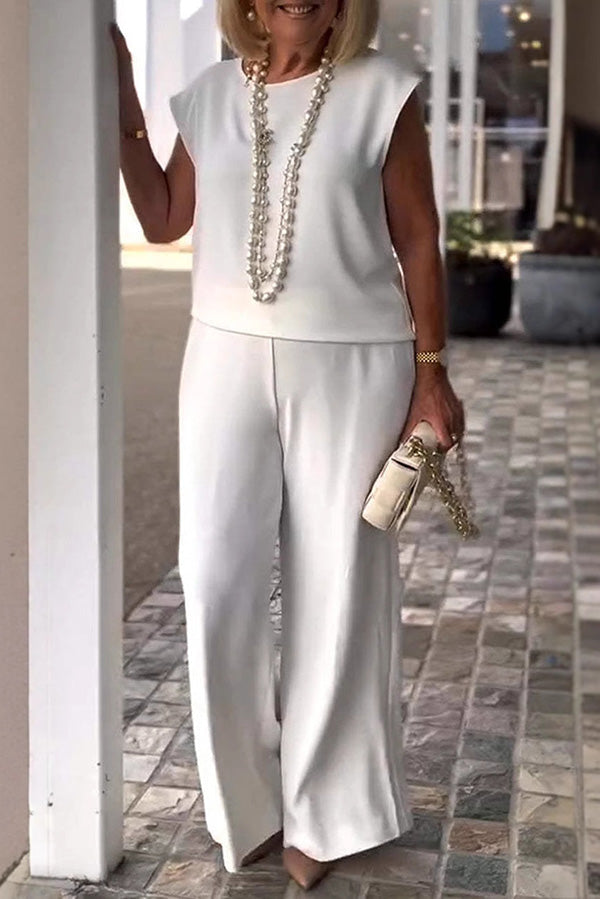 Color Crew Neck Sleeveless Top and Pocket Straight Leg Pants Set