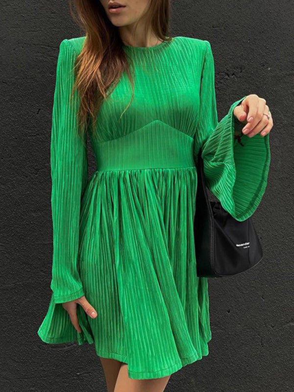 A-line Flared Sleeves High-waisted Pleated Color Zipper Round-neck Mini Dresses