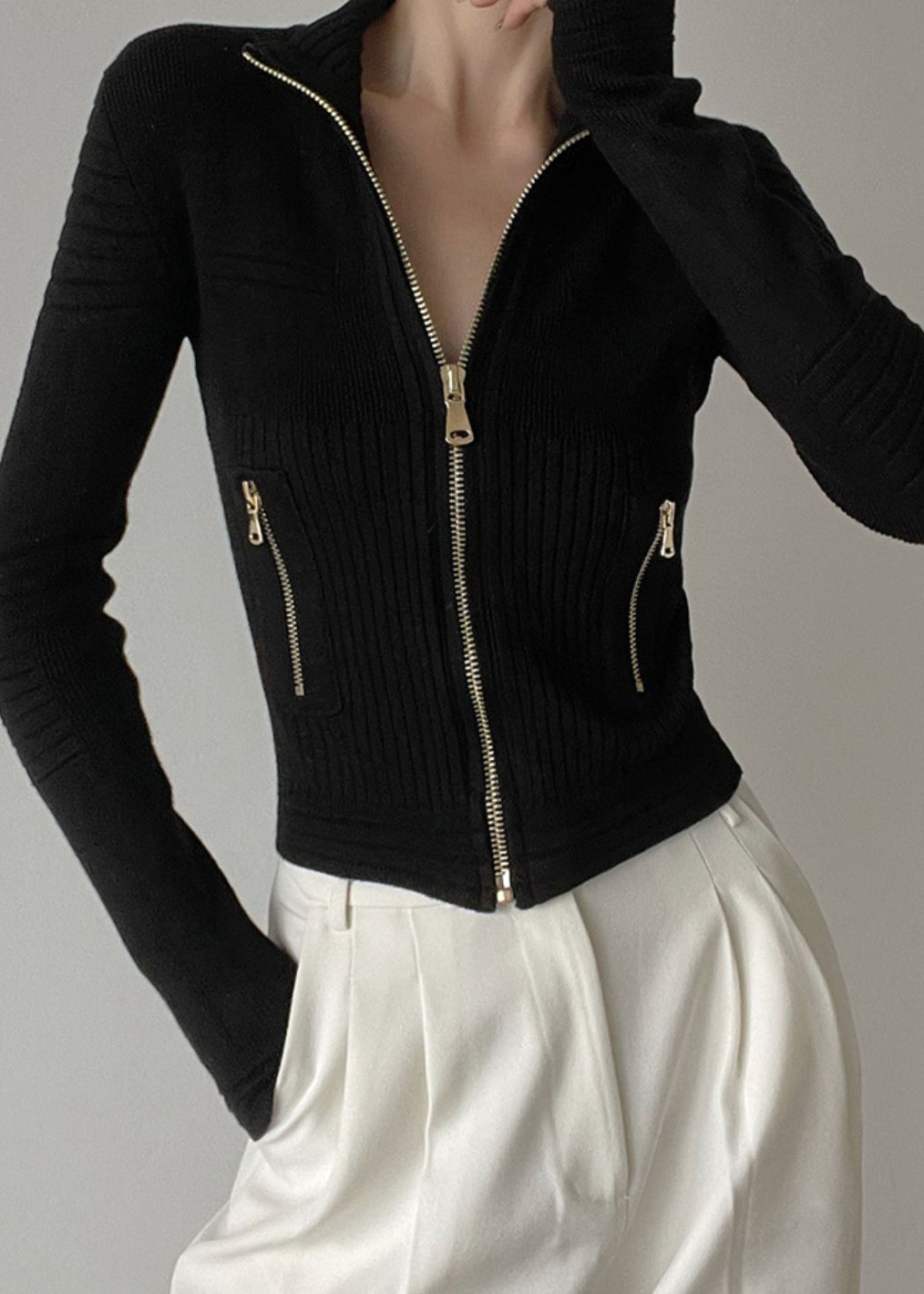 White Stand Collar Zip Up Patchwork Woolen Knit Cardigans Winter Rv036