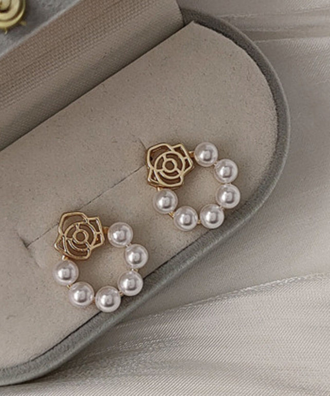 Classy White Copper Overgild Pearl Hollow Out Hoop Earrings