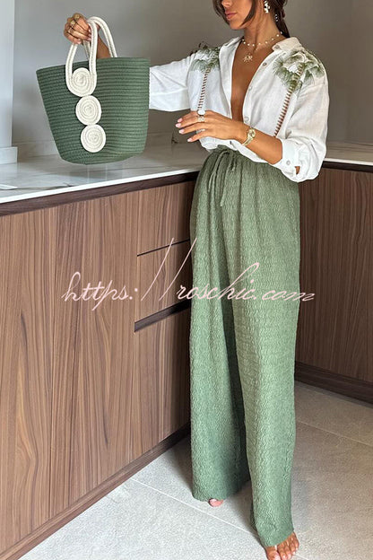 Tropical Calling Linen Blend Unique Print Loose Blouse and Elastic Waist Pocket Pants Set