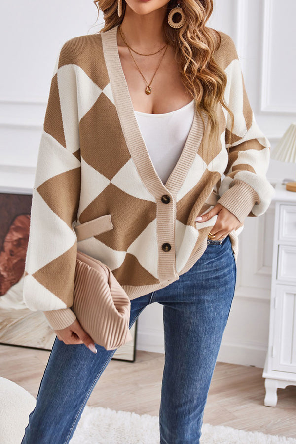 V-neck Geometric Patchwork Contrasting Knitted Cardigan Loose Jacket