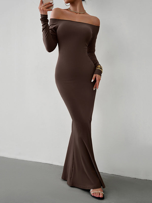 Bodycon Long Sleeves See-through Color Off-the-shoulder Maxi Dresses
