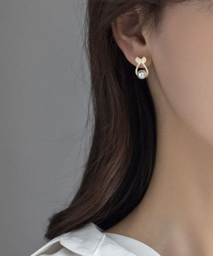 Diy Gold Sterling Silver Alloy Zircon Pearl Bow Stud Earrings