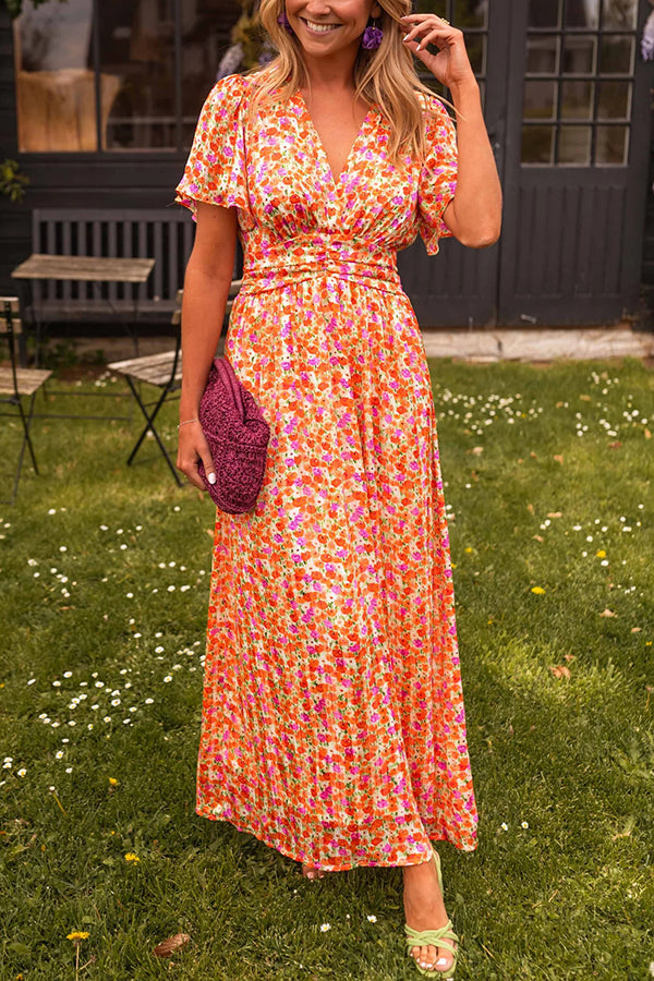 Print V-neck Short Sleeve Waist Maxi Dress
