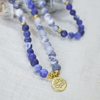 Buddha Stones 108 Natural Picasso Jasper & Blue Stone Mala Bead Lotus Pendant Bracelet