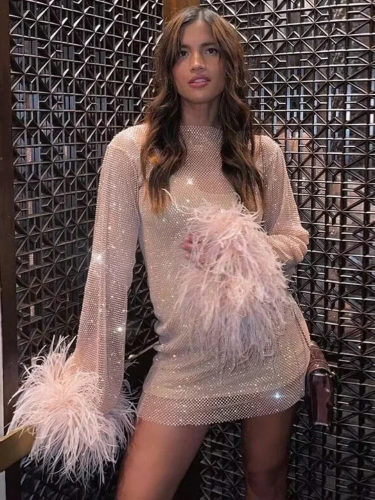 Weave Shiny Rhinestone Mini Dress See Through Cover-up Dresses Loose Club Dress