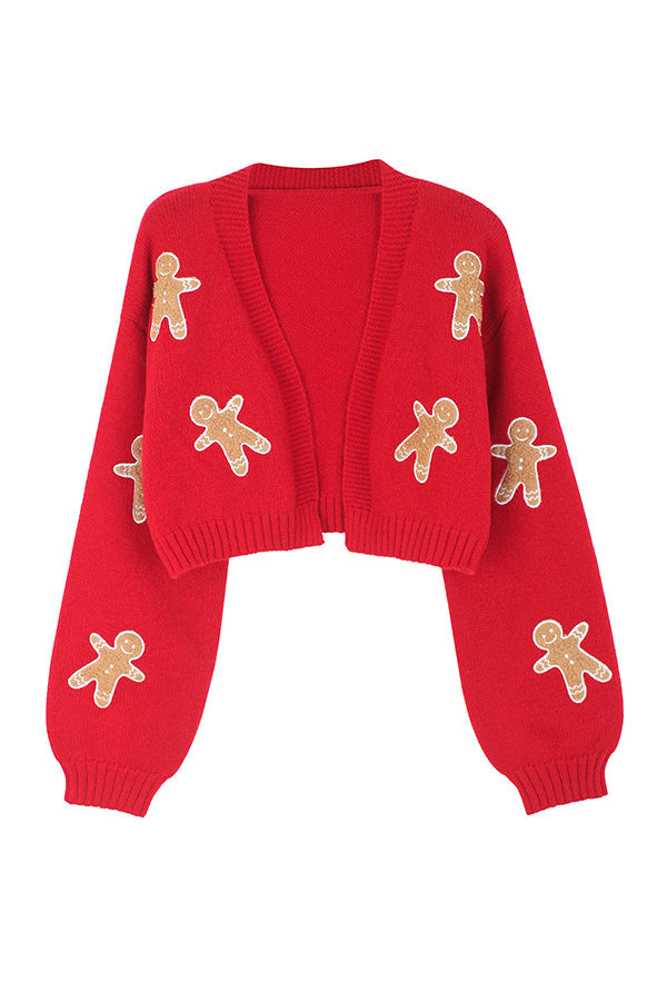 Fashionable Cookie Man Pattern Short Knitted Cardigan