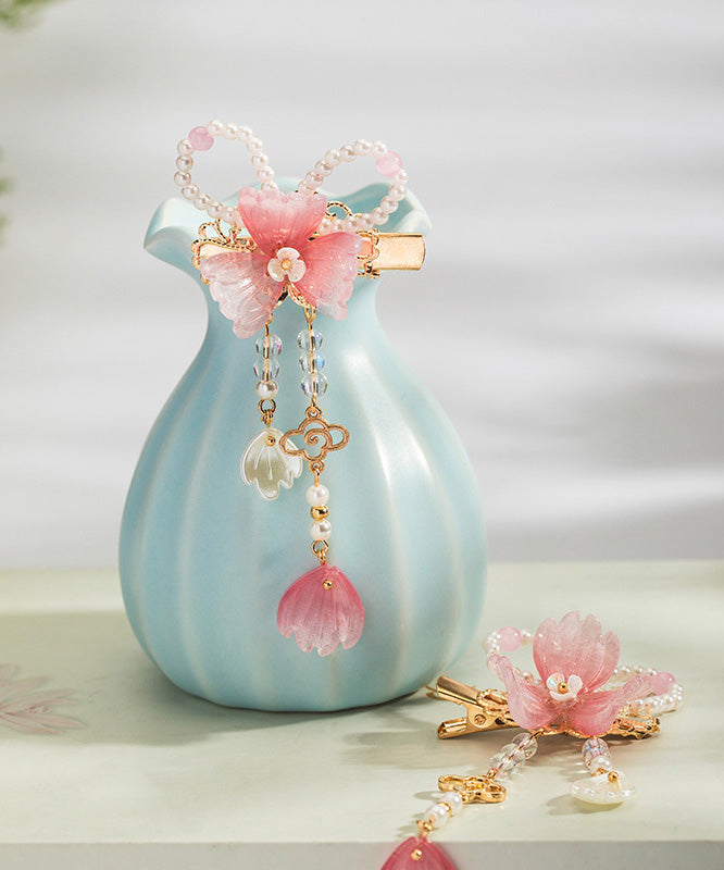 Pink Copper Alloy Pearl Colored Glaze Tassel a Pair Hairpin