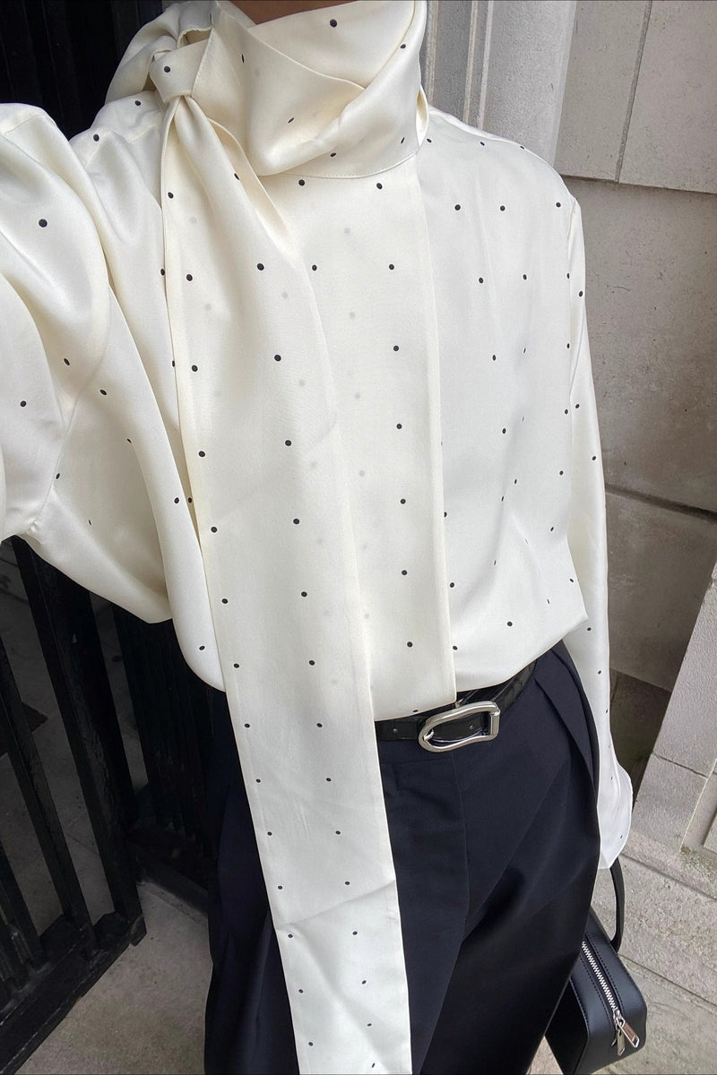 Polka Dot Ribbon-tie Loose Long-sleeve Blouse