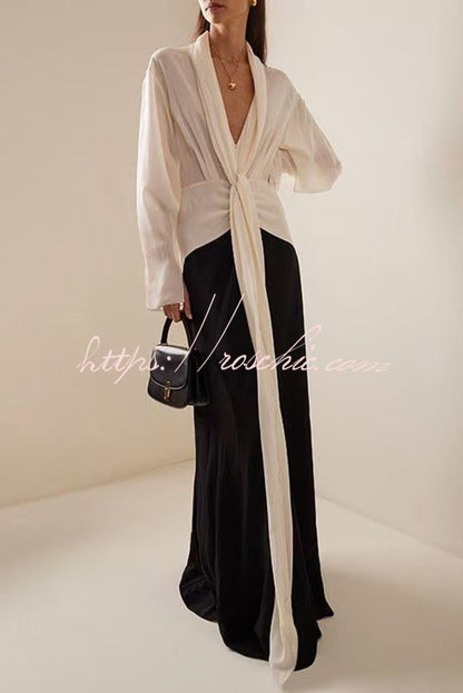 Contrast Color V-neck Tie High Waist Drape Maxi Dress